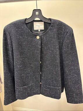 Lafayette 148 New York Navy Tweed Collarless Jacket with Gold Buttons